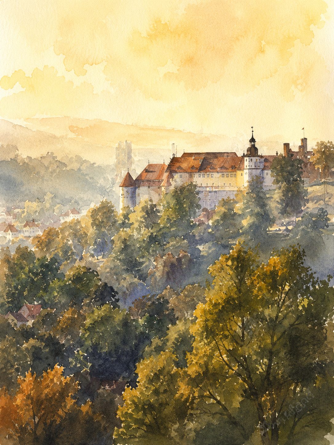 Schloss Hellenstein bei Heidenheim — Aquarell im Morgenlicht